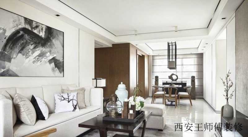 素雅时尚简约中式三居室客餐厅吊顶隔断效果图