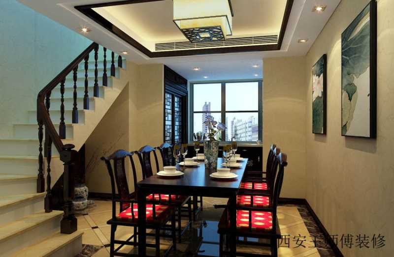 现代中式餐厅桌椅装饰图