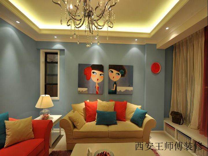时尚简约现代客厅蓝色背景墙装潢图