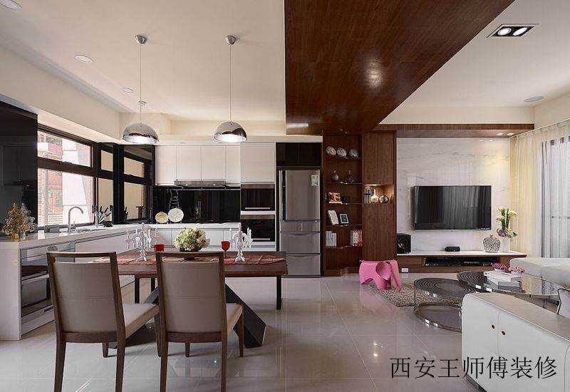 现代风开放式厨房客厅餐厅一体效果图